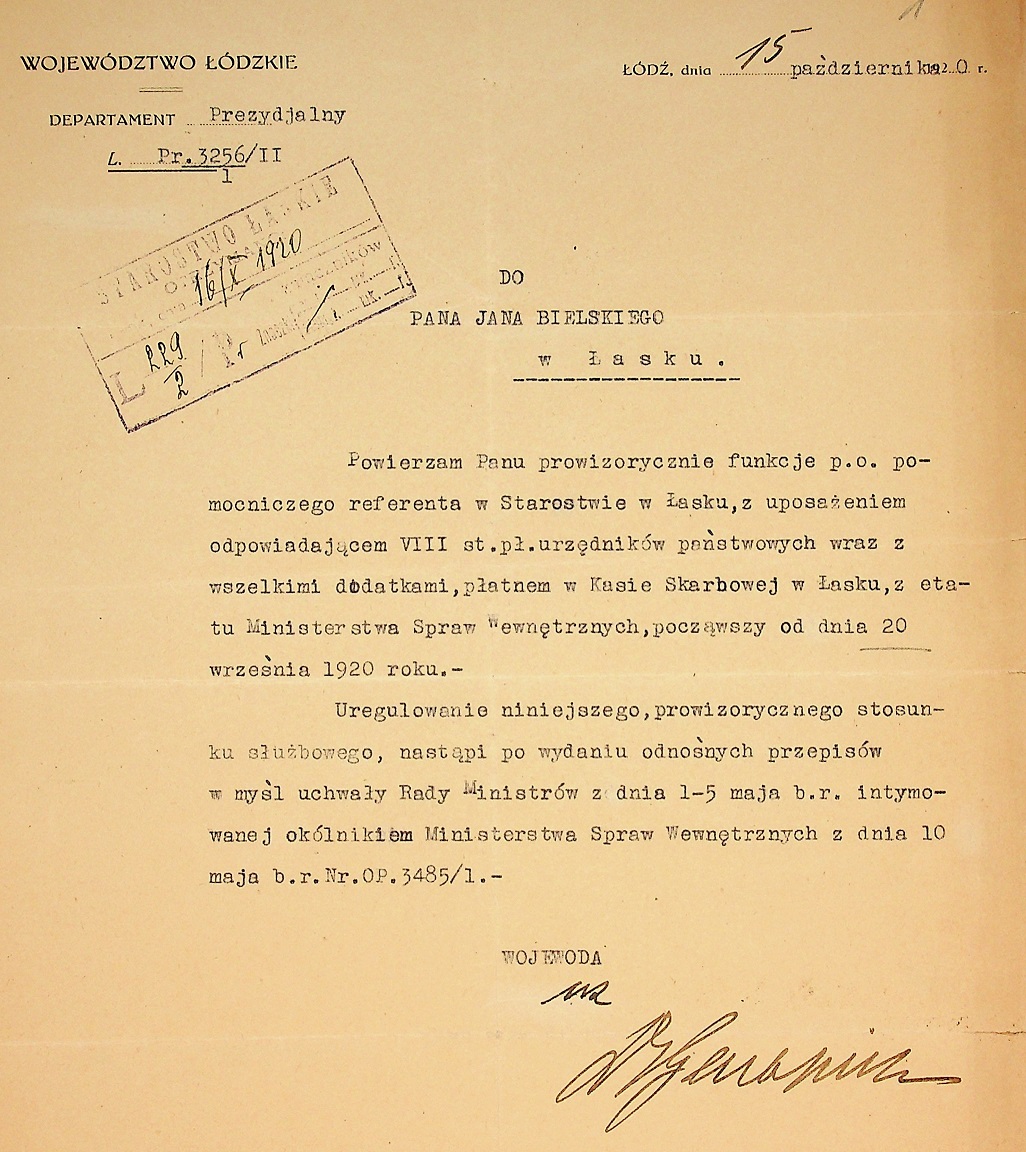 Pismo w sprawie powierzenia Janowi Bielskiemu funkcji p.o. pomocniczego referenta w Starostwie Powiatowym w Łasku, 1920 r.